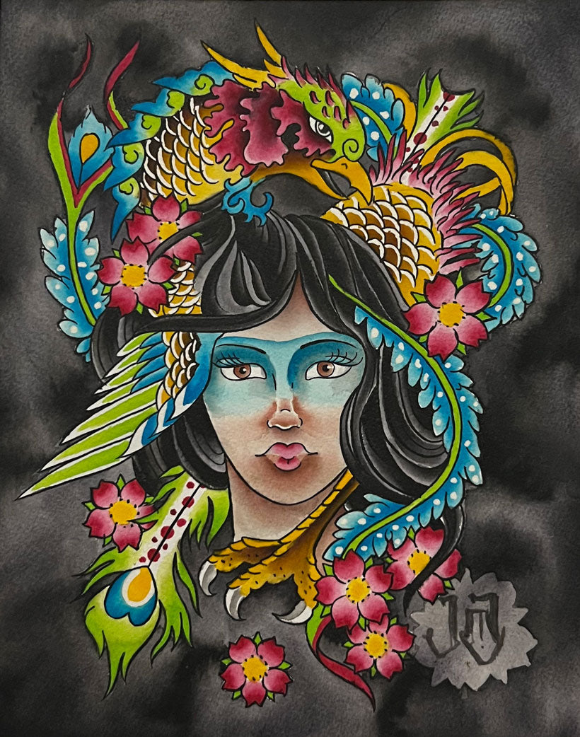 Girls Head with a Phoenix rising from her black hairt surrounded by cherry blossoms and feathers