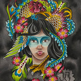 Girls Head with a Phoenix rising from her black hairt surrounded by cherry blossoms and feathers