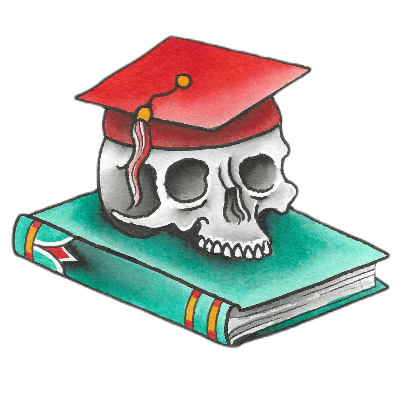 tattoo illustration of a skull wearing a graduation cap on top of a book