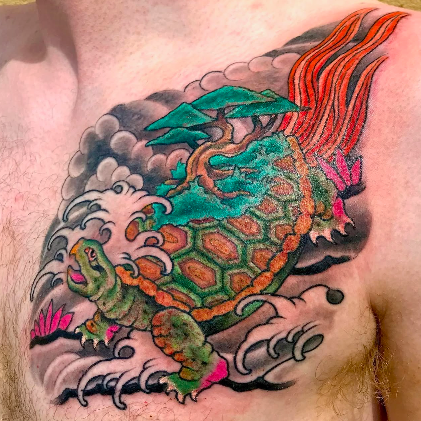 Tattoo of a turtle with a bonsai tree